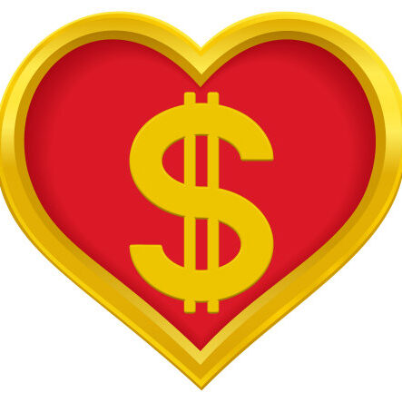 US Dollar symbol in a gold heart frame